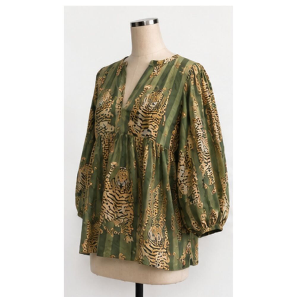 House of Sundar Tiger Print Cotton Peplum Blouse Balloon Sleeve S